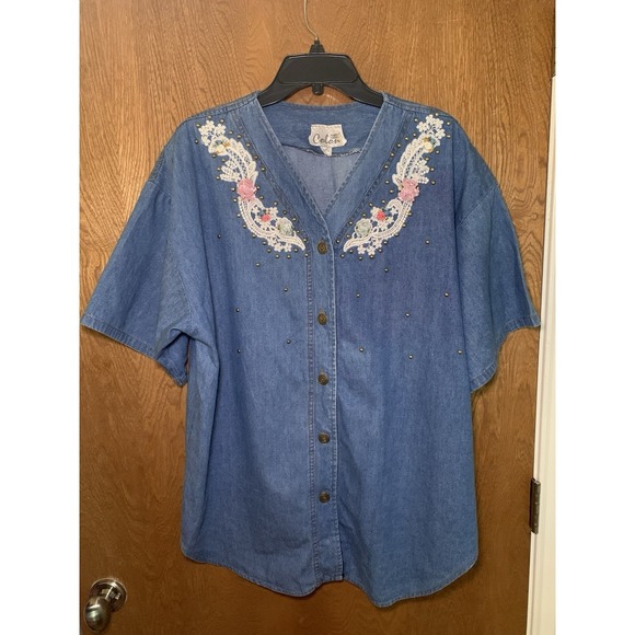 Vintage 80s Colon Denim Button Blouse Embroidered Lace Floral Studded Sz L Indie - Picture 1 of 13